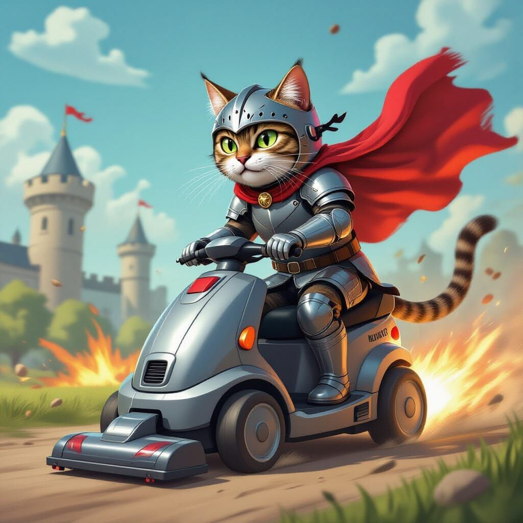 cat knight ride his fierce vacuum cleaner steed
