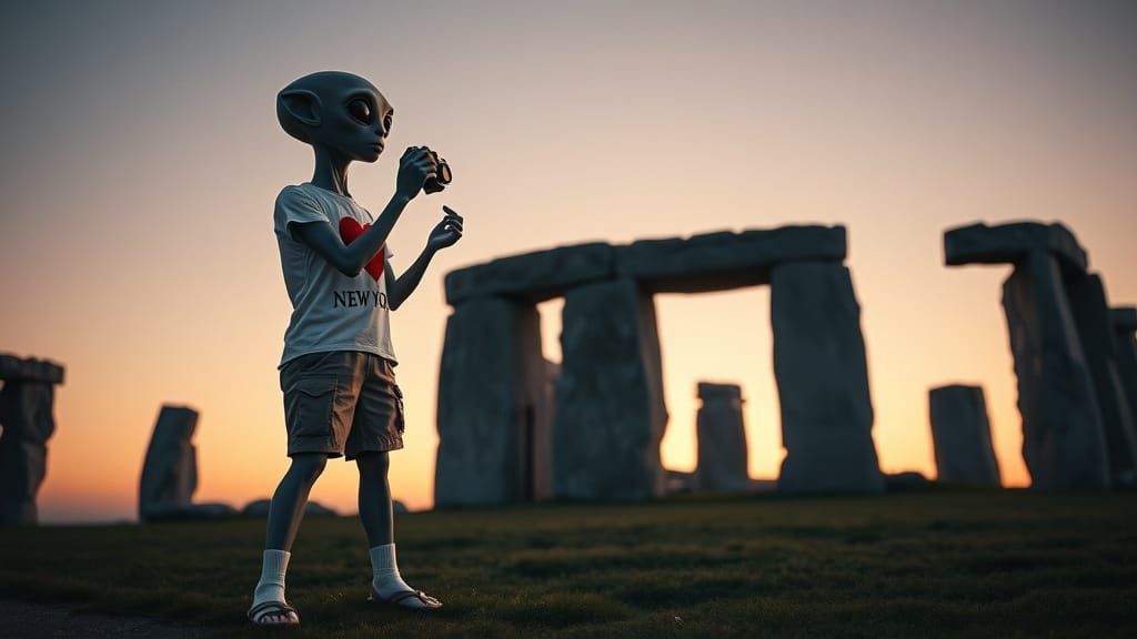 Alien Tourist Photographs Stonehenge in Photorealistic Style