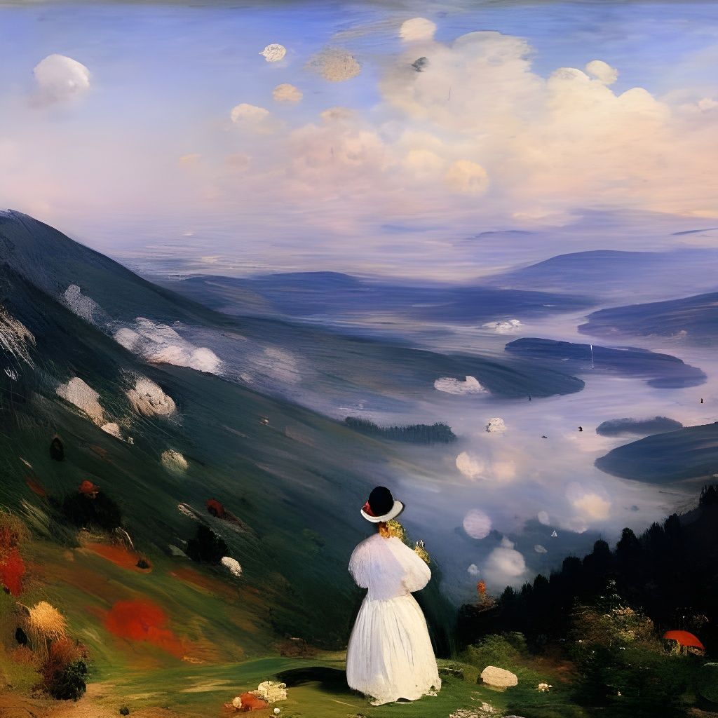 Figure Overlooking Misty Landscape in Impressionist Style