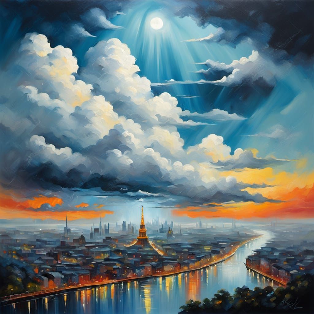 Luminous City in Clouds Oil Painting