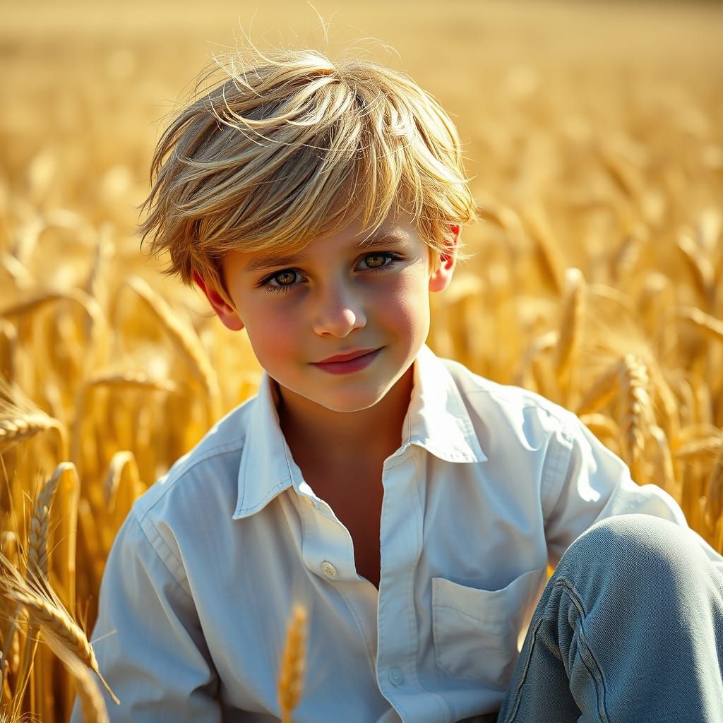 Young European Boy in Sunlit Wheat Field