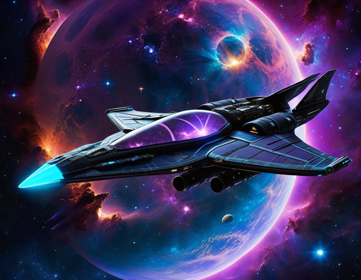 Futuristic Spacecraft Flies Through Smoky Violet Nebula