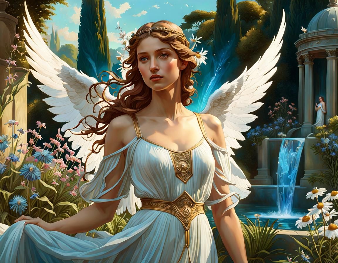 Ethereal Angel in Garden, Hyperdetailed Digital Art