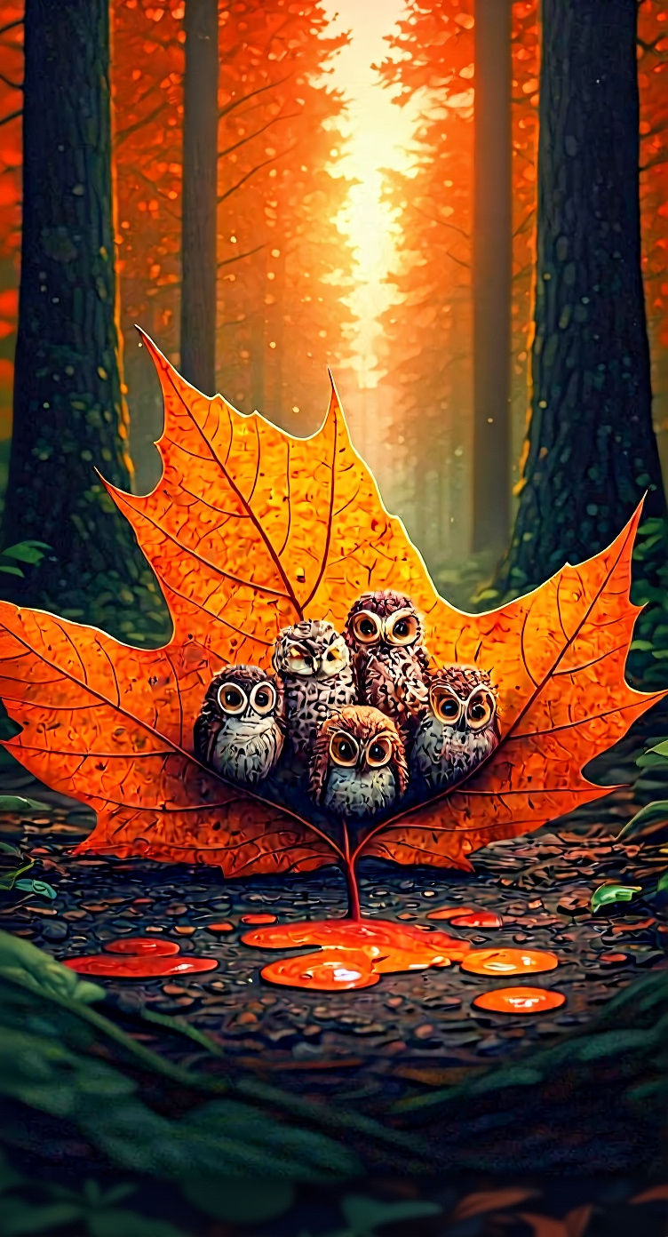 Miniature Owl Village Inside Autumn Leaf