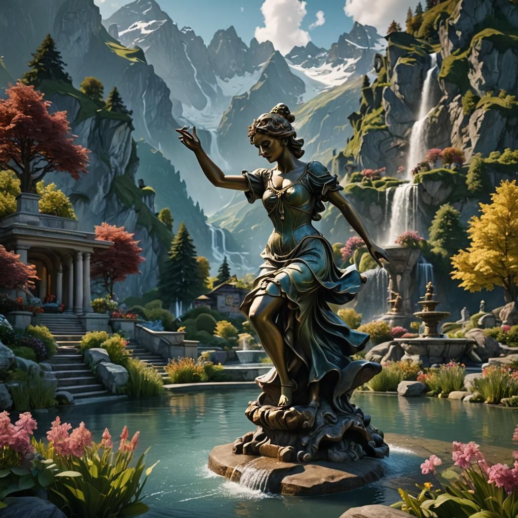 Dancing Girl Fountain in Swiss Mountains: Fantasy Art