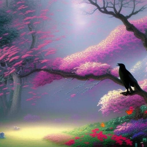 Ethereal Crow in Magical Forest, Fantasy Art