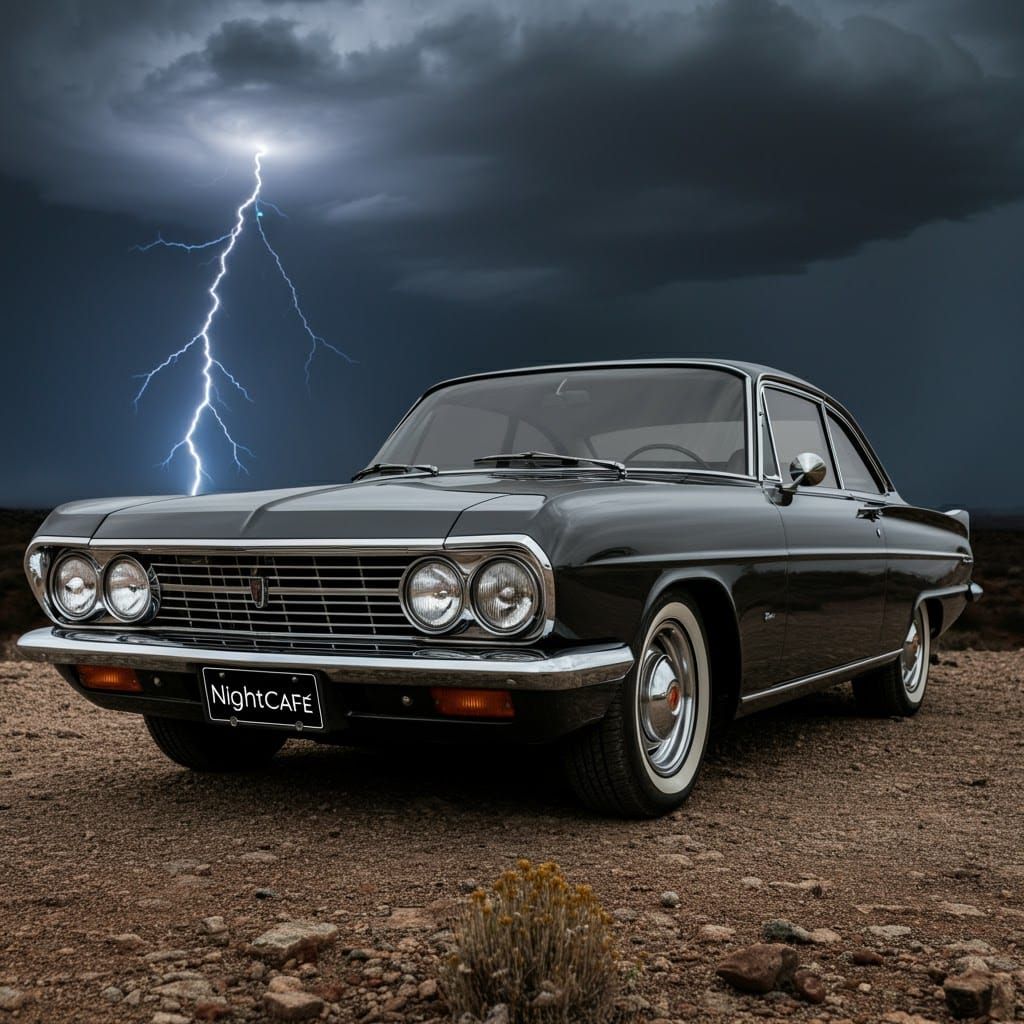 Vintage Car in Lightning Storm: 35mm Film Aesthetic