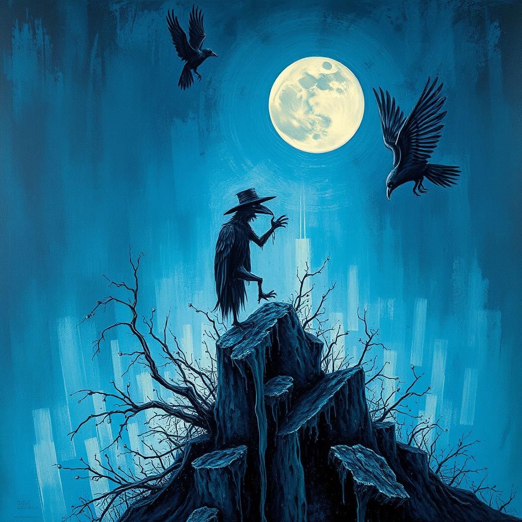 Ghostly Scarecrow and Raven in Impasto Style