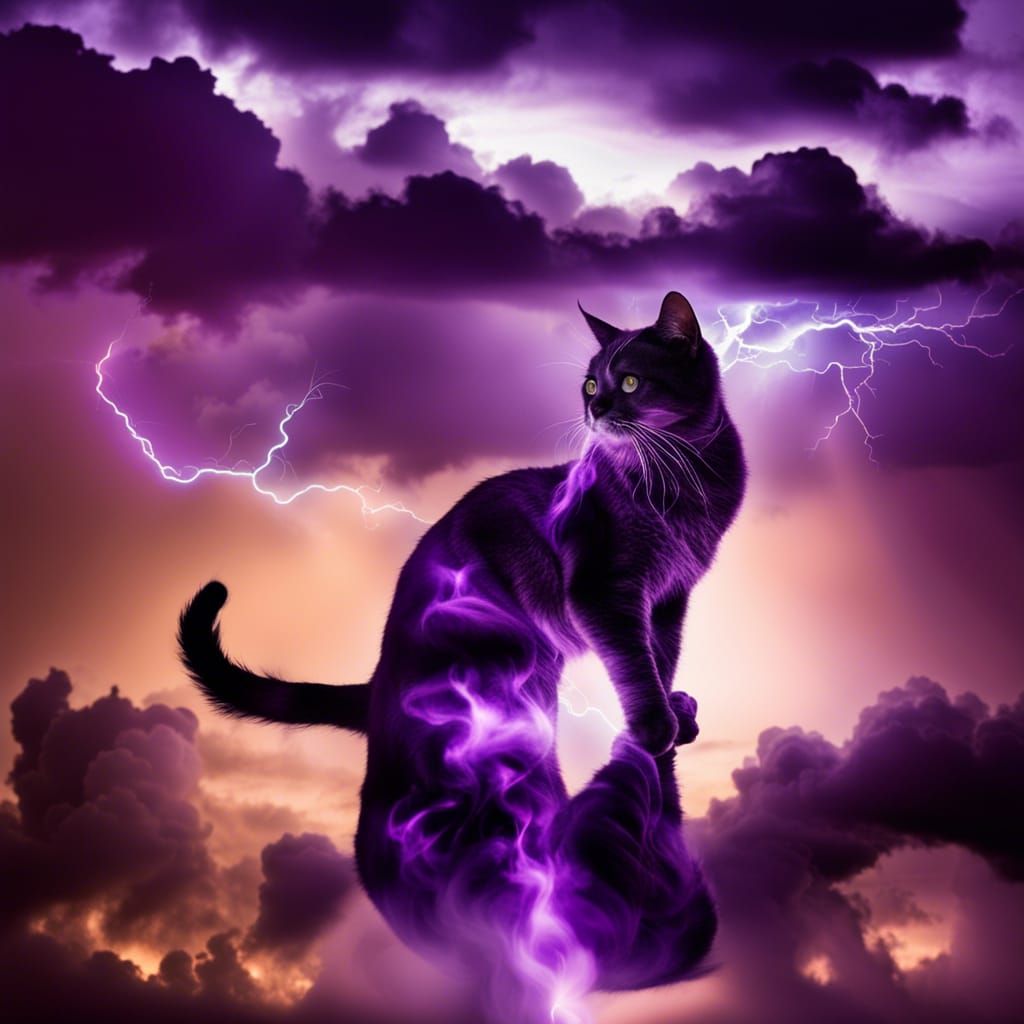 Wild storm cat with smoke& clouds & Thunder& purple lightning& storm element vibes& smoky vibes& purple vibes