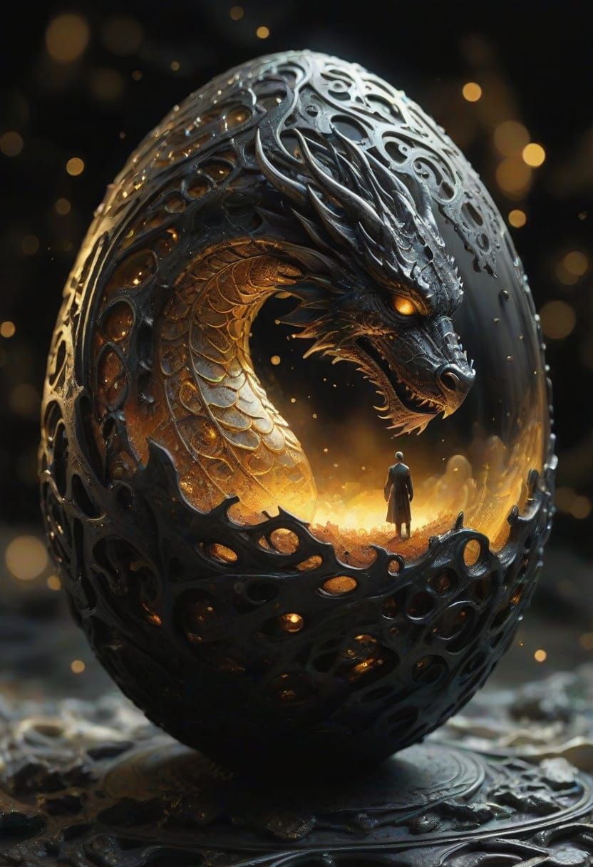 Dystopian Dragon Egg Sculpture in Oil Painting Style