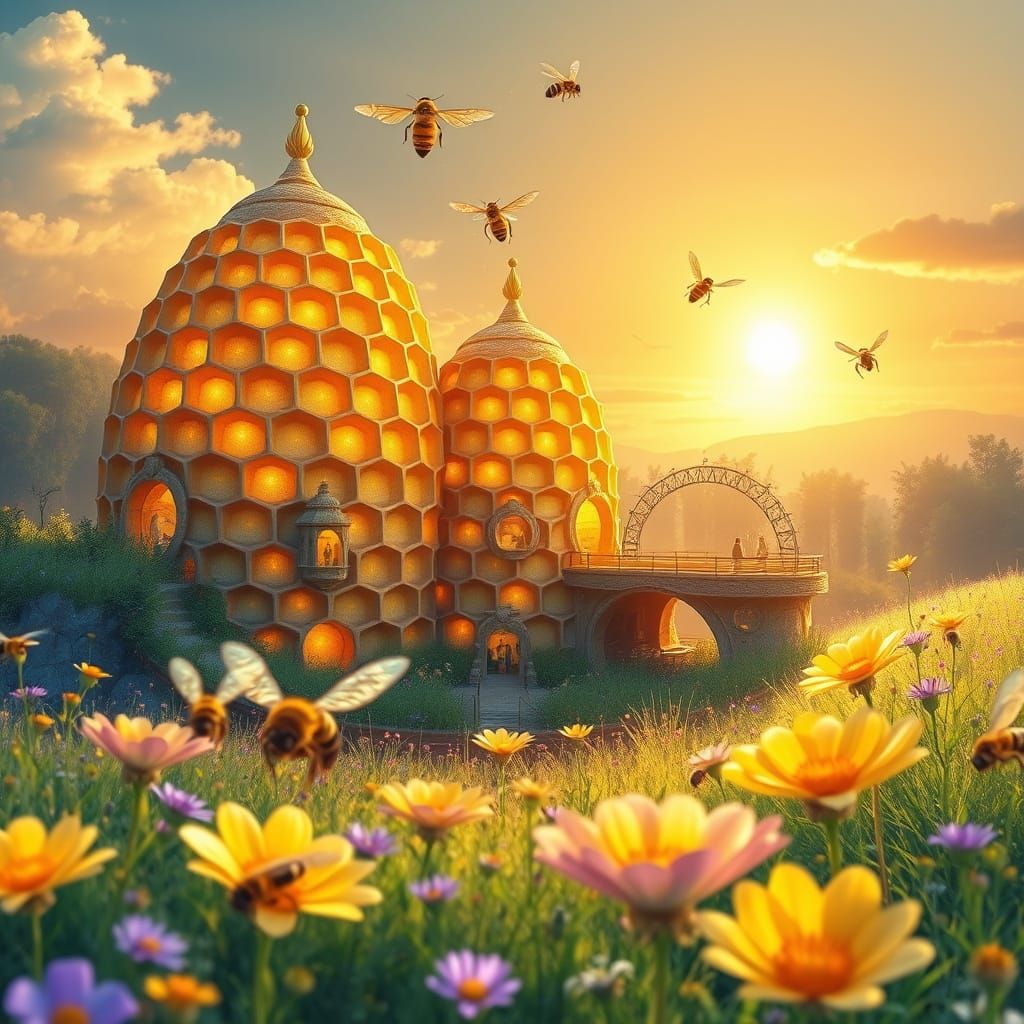 Ethereal Iridescent Bees Hive City in Vibrant Sunlit Meadow