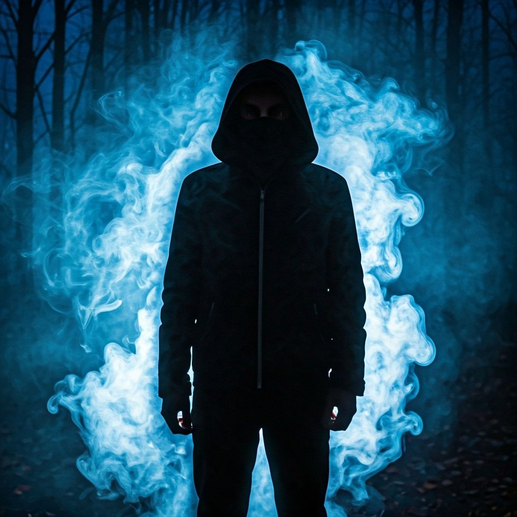 Mysterious Figure Behind Smoke Veil in Dark Forest