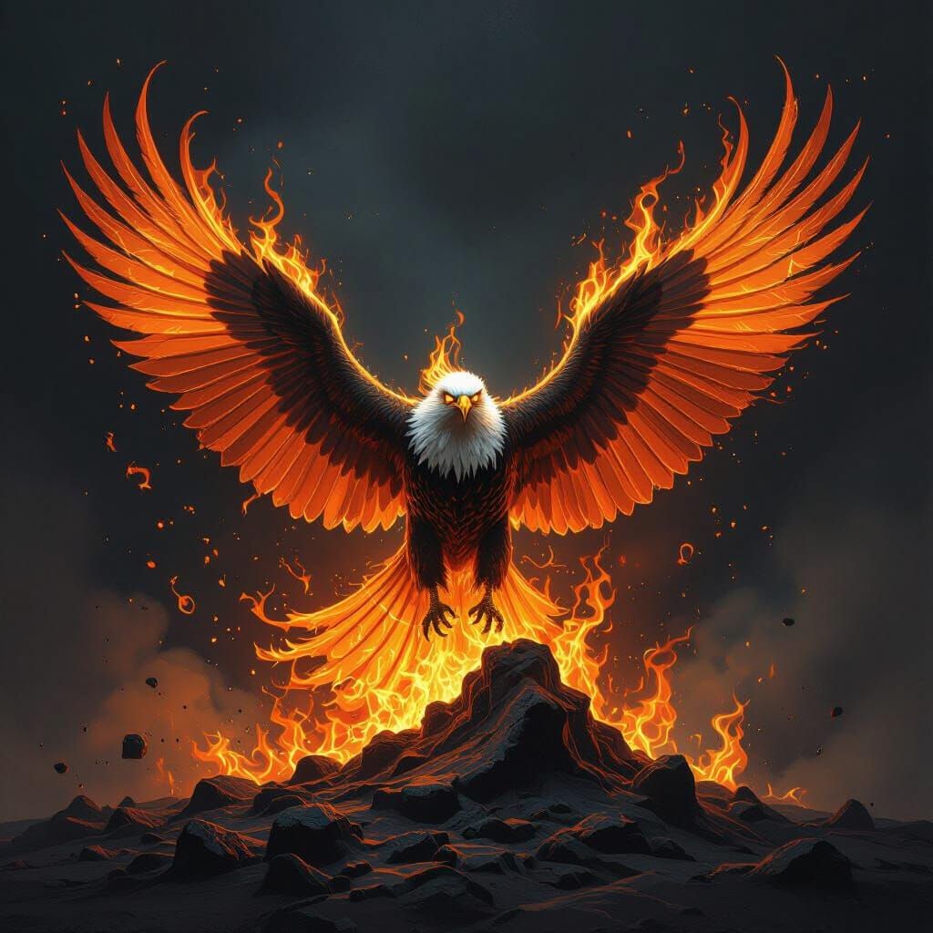 Eagle-Phoenix Hybrid Emerging from Flames as Digital Art