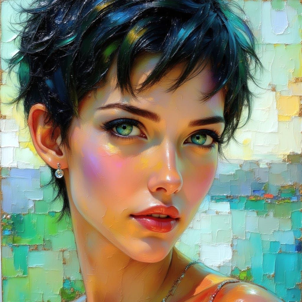 Model with Blue-Green Eyes as Impasto Oil Painting