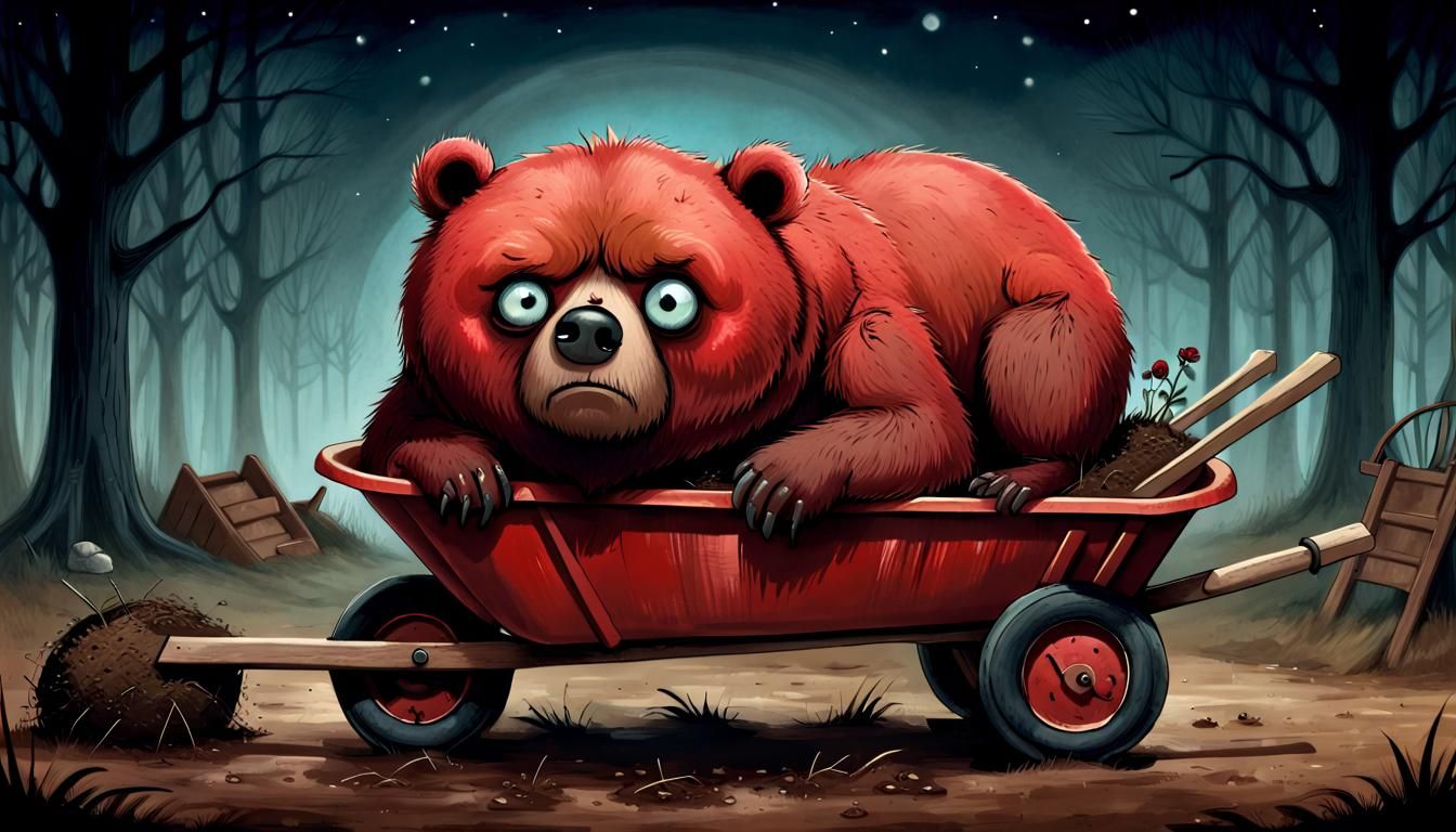 Surreal Storybook Bear Tries to Sleep in Wheelbarrow