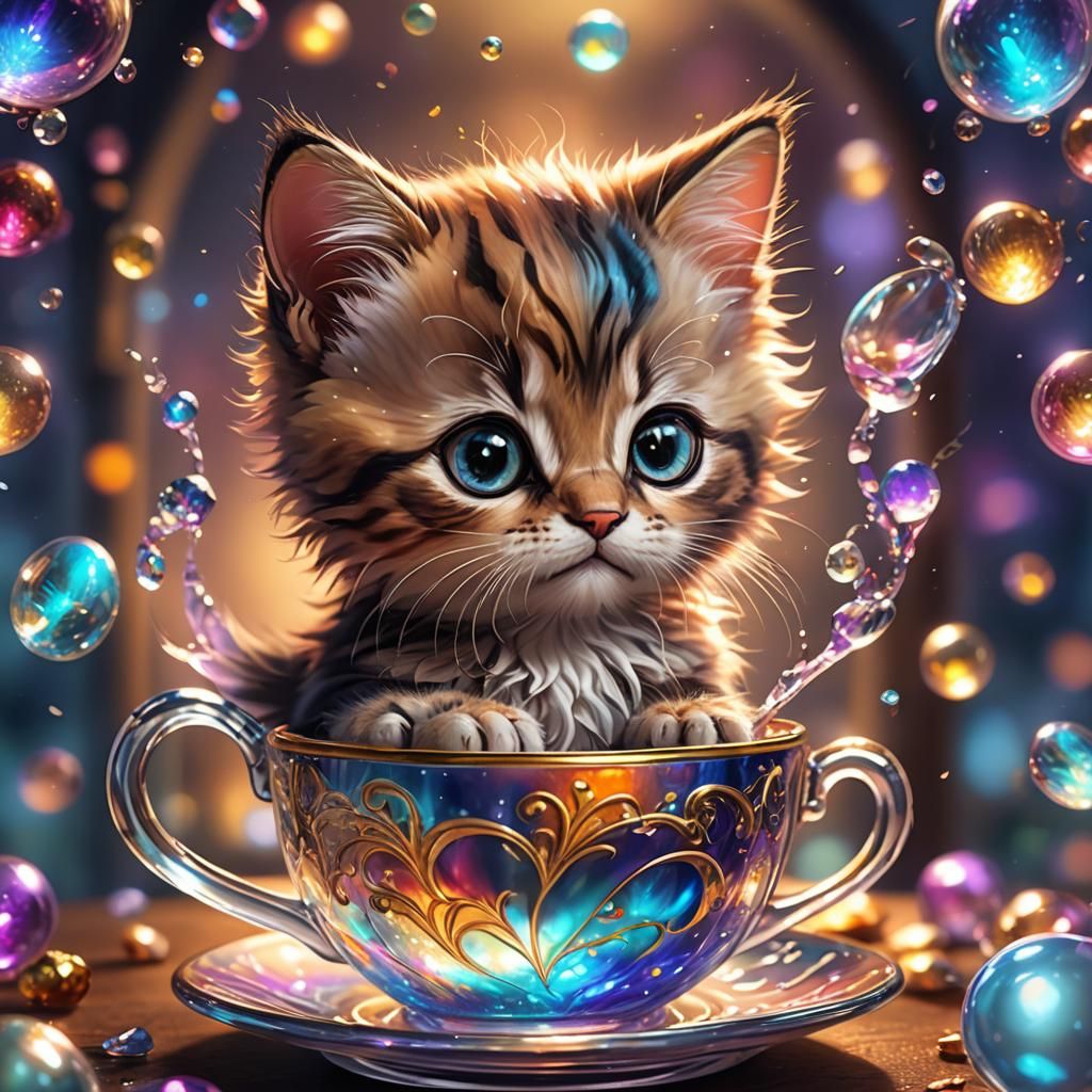 Chibi Kitten in Coffee Cup: Ethereal Fantasy