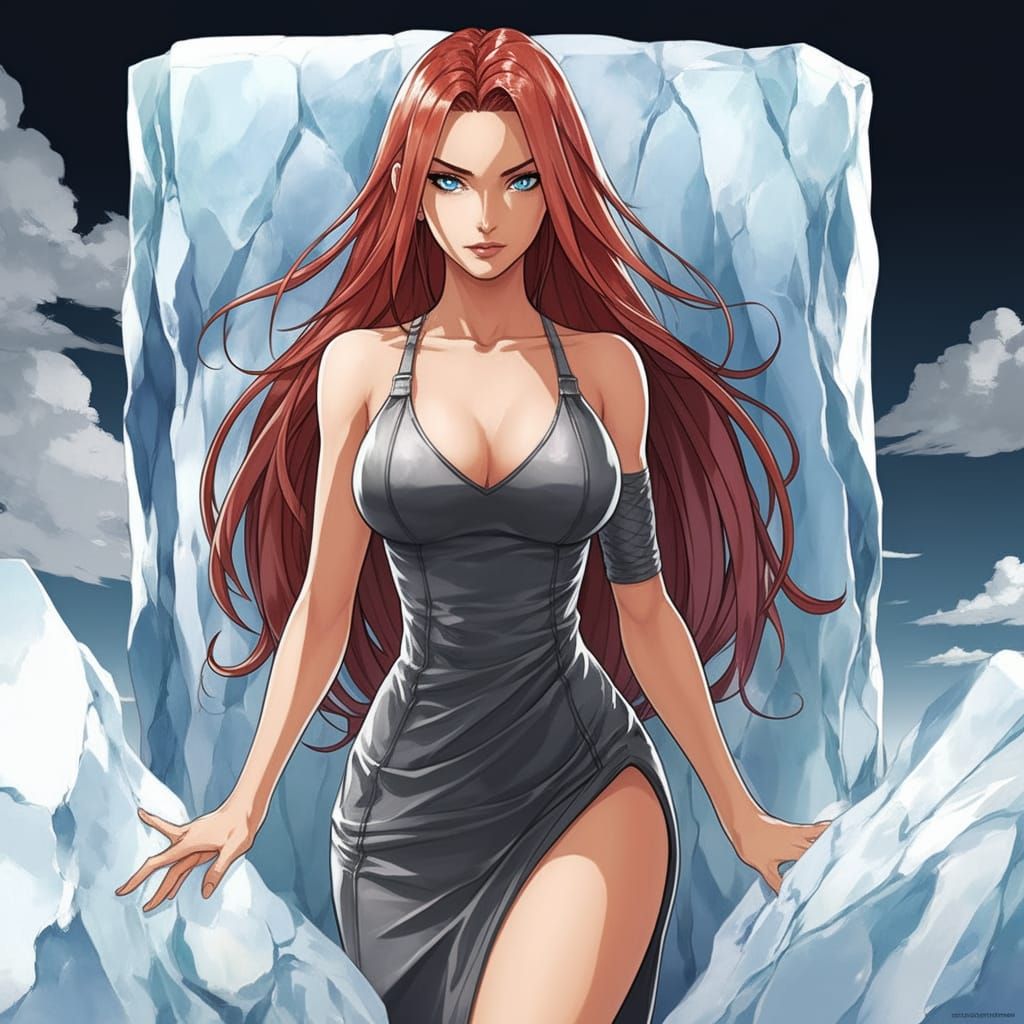 Viking Warrior Maiden in Grey Leather Dress Behind Ice Block...