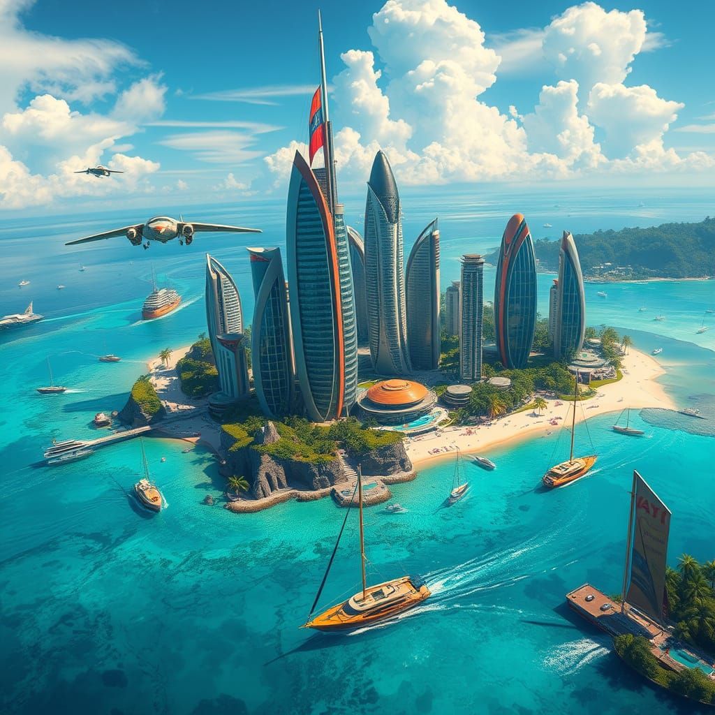 Futuristic Tropical Island City in Splash Art Style