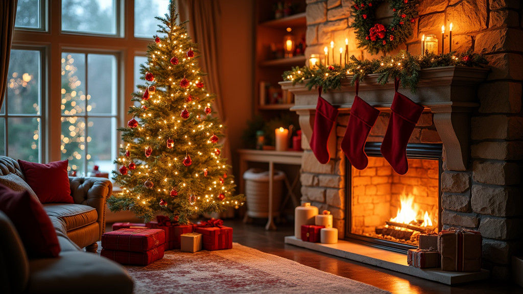 Desktop Christmas Wallpaper with Fireplace and Christmas Tre...