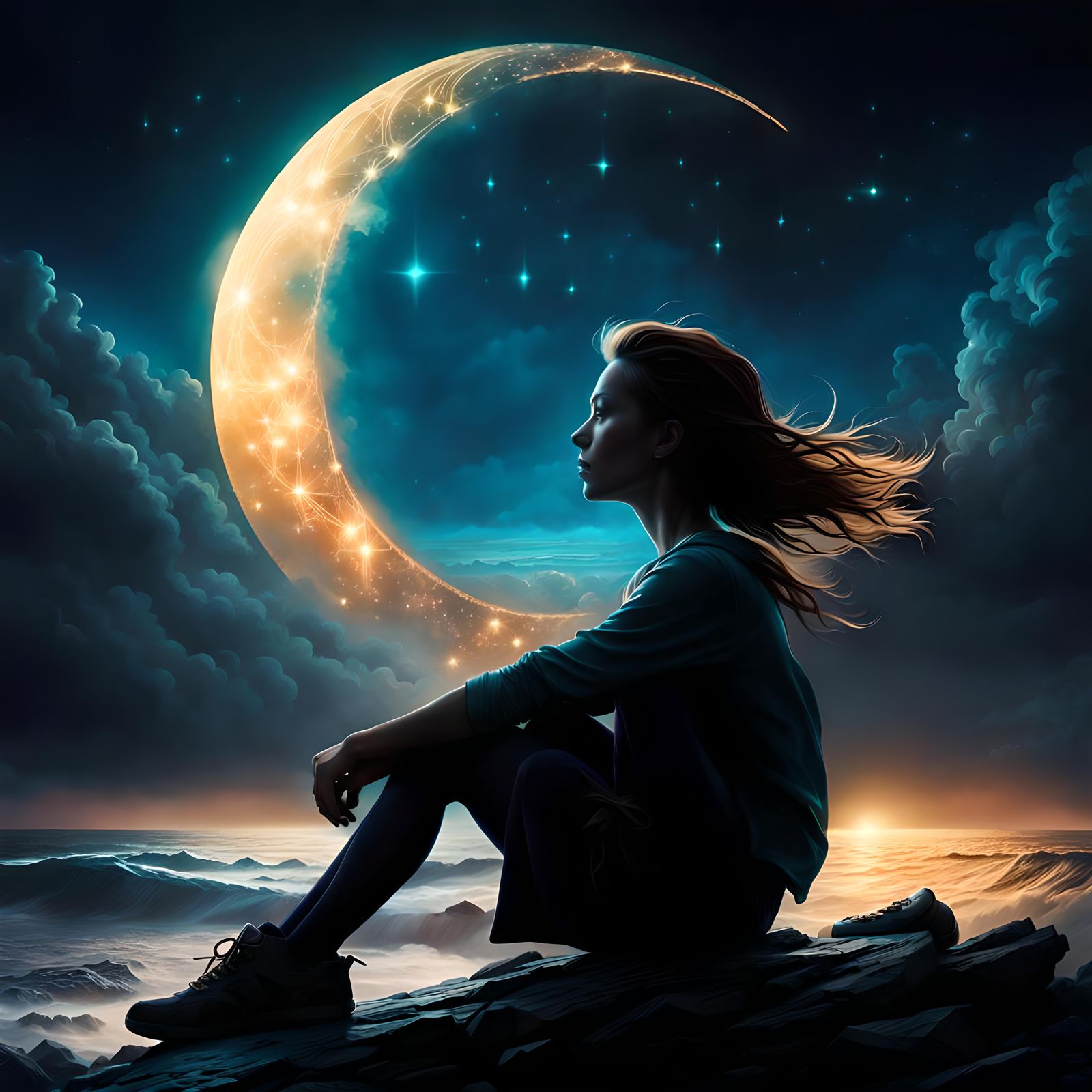 Girl on Moon Silhouette Over Tumultuous Sea