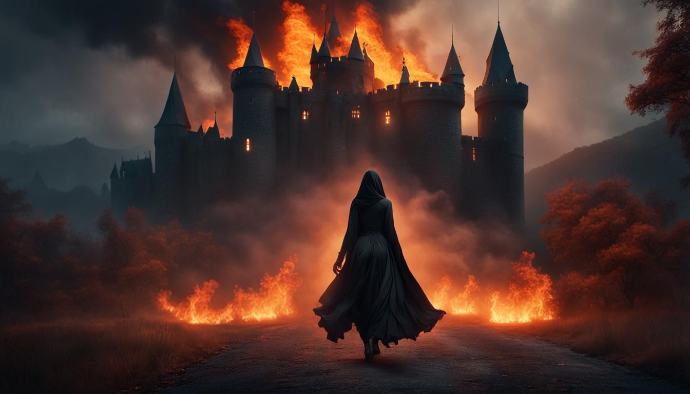 Hyper Realistic Beautiful women black outfit Covering her face with black cloth walking with furious look with fire behi...