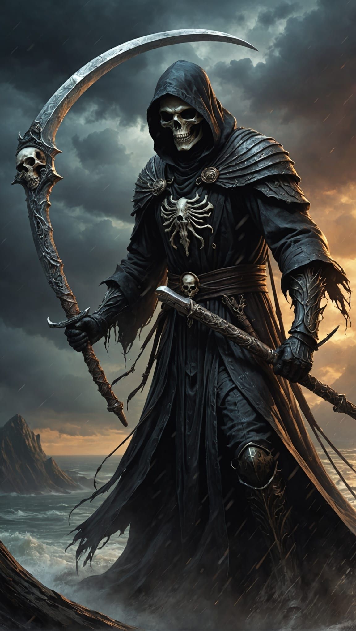 Hyperrealistic Grim Reaper with Bone Scythe