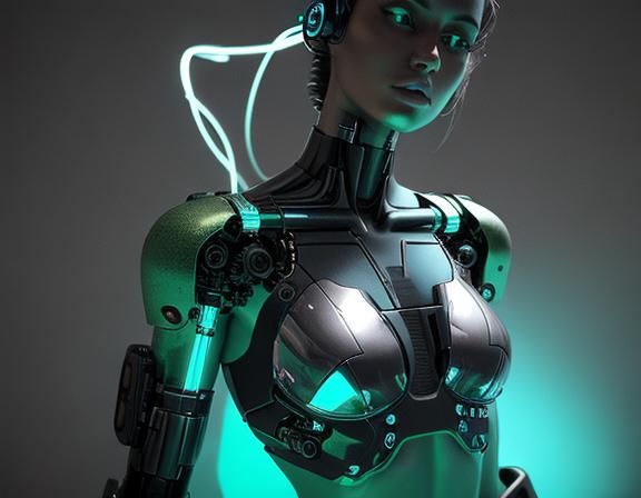 Chrome Cyborg in Green Bikini, Hyperrealistic Rendering