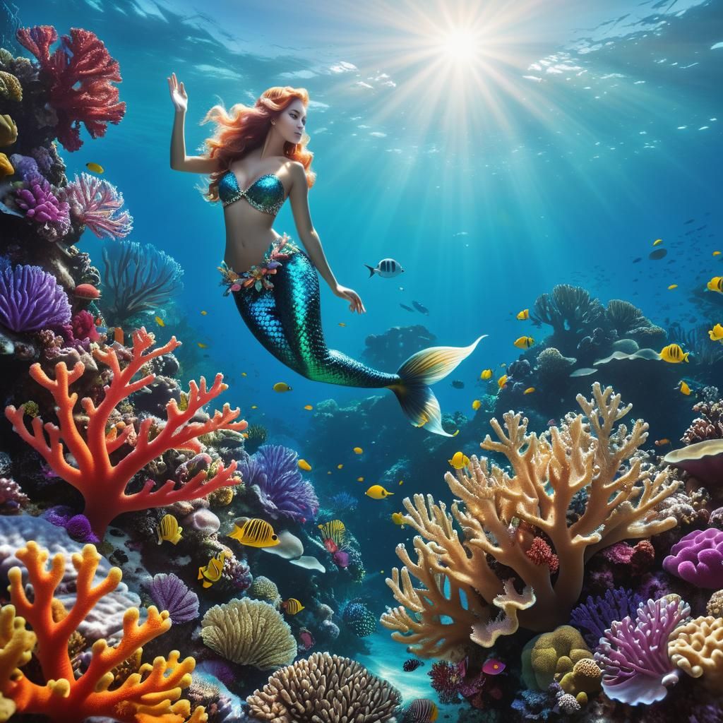 Underwater Coral Reef with Mermaid and Sunlight