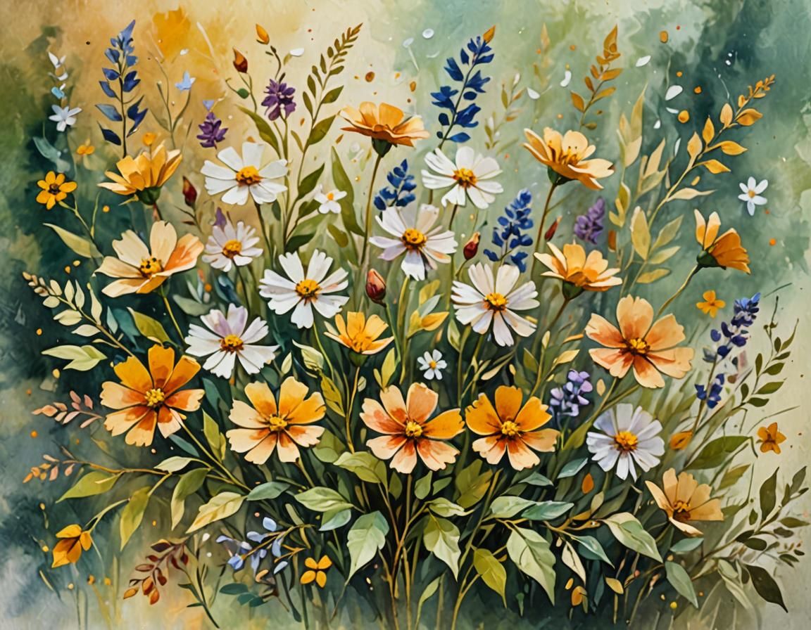Impressionist Gouache Painting of Pressed Flowers