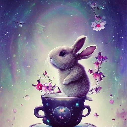 Bunny in Teacup with Fireflies, Digital Art