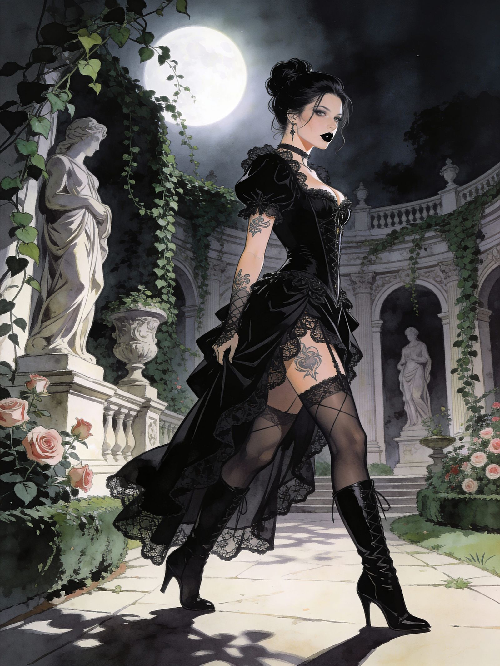 Goth Woman in Baroque Gardens Under Moon Glow