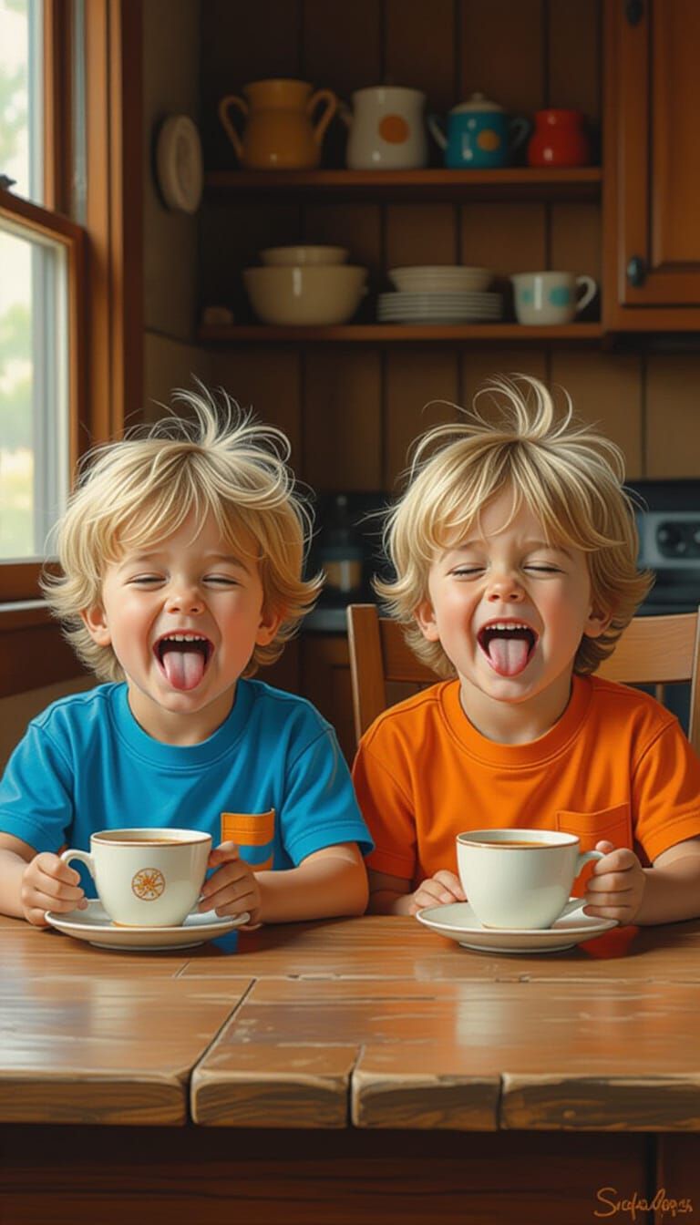 Twin Boys at Breakfast in Matte Painting Style