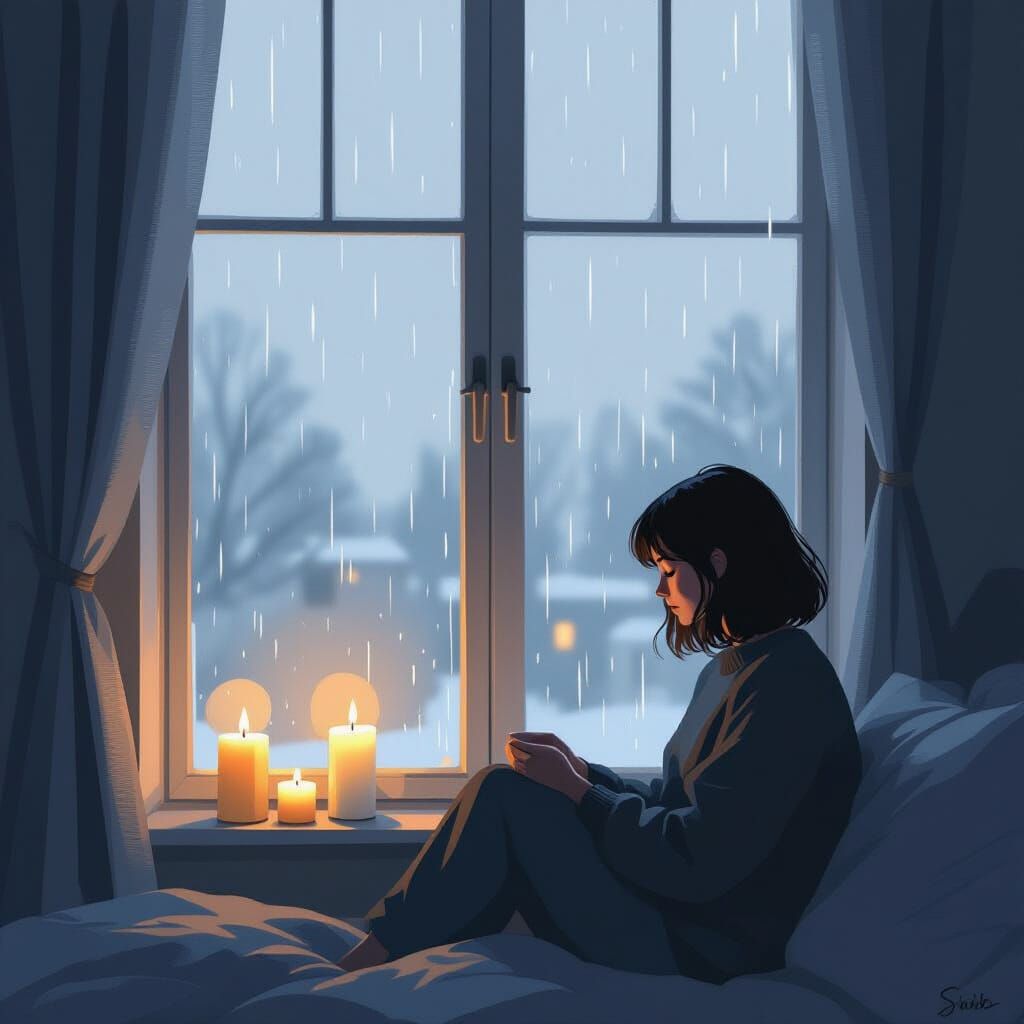 Cozy Contemplation: Rain, Candlelight, and Warmth