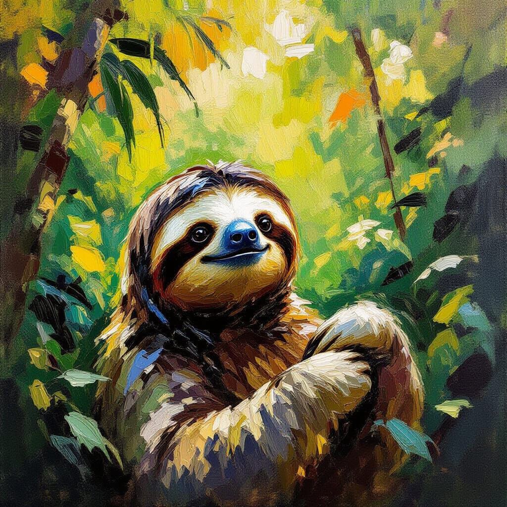 Impressionistic Sloth in Lush Rainforest Oil Painting
