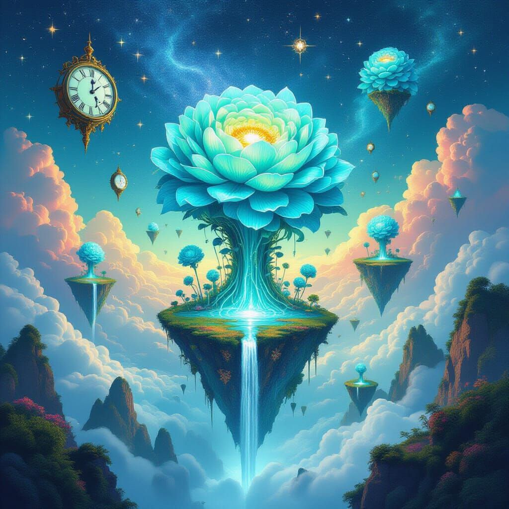 Surreal Dreamscape with Floating Islands and Clockwork Sky
