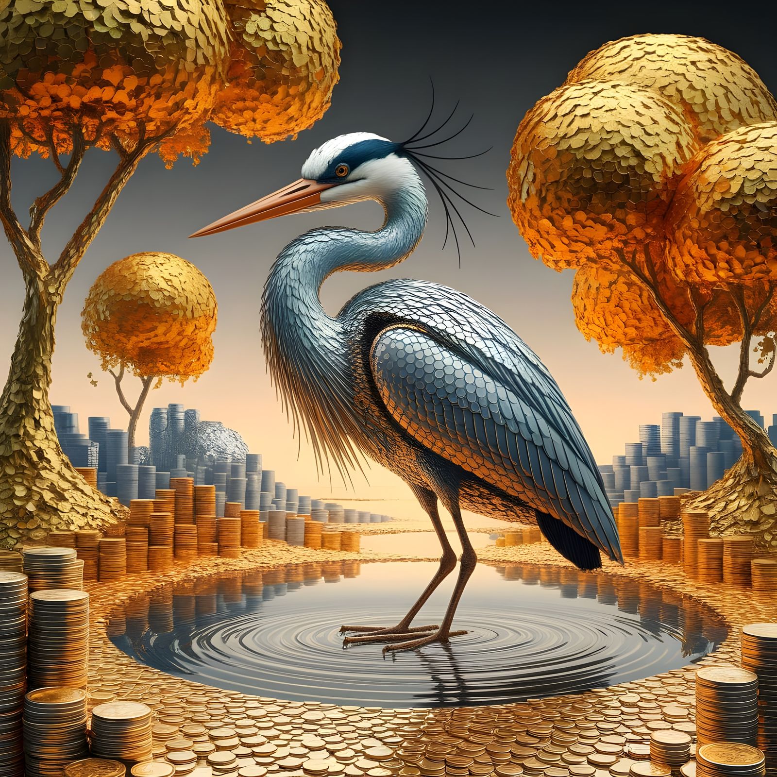 Heron Made of Coins in Shimmering Pond