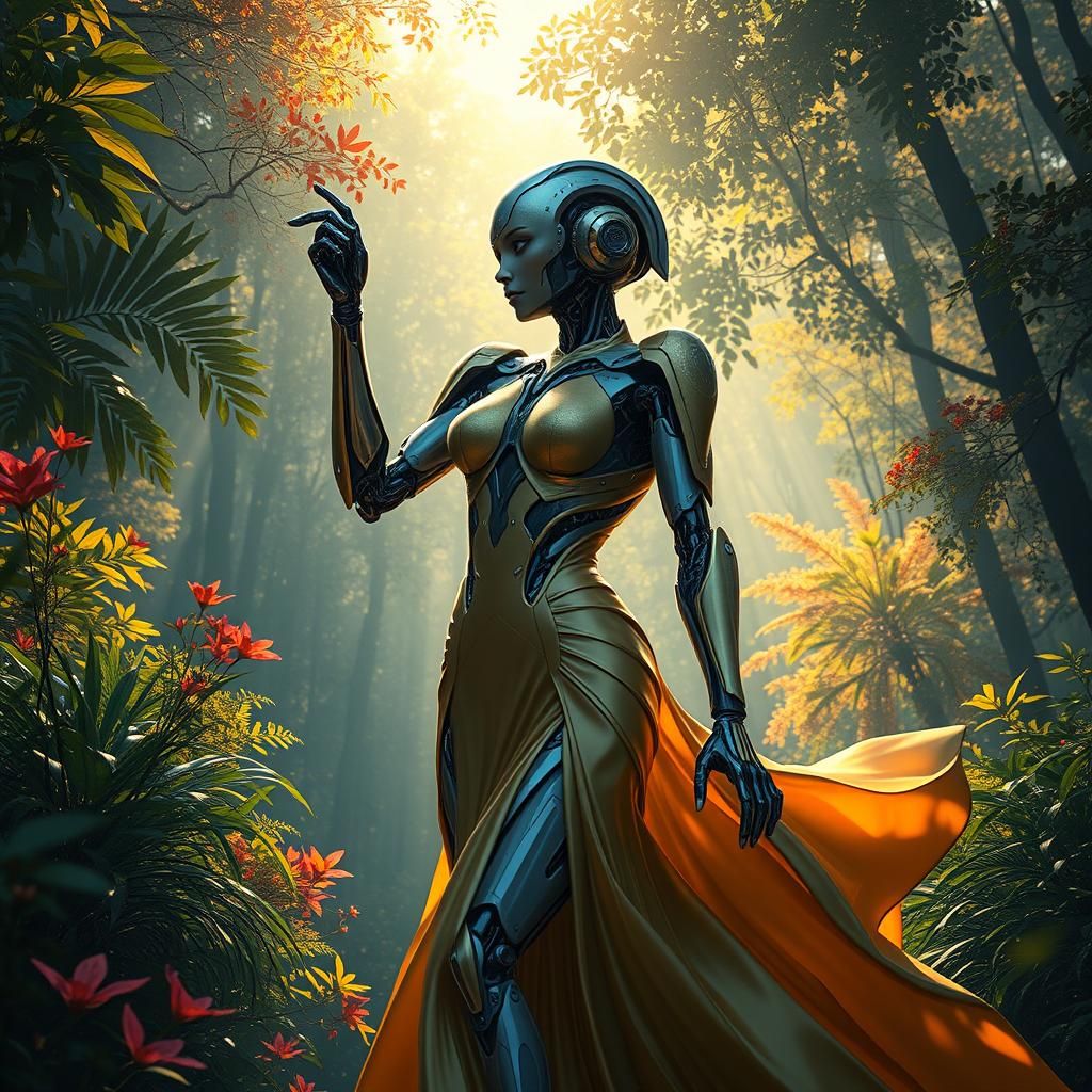 Robot in Gold Gown Dancing in Cyberpunk Forest