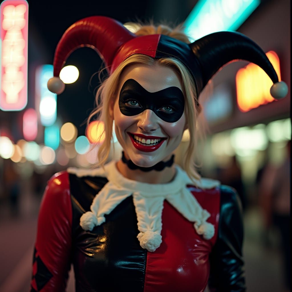 Vibrant Retro Pinup Harley Quinn in Gotham Nightscape