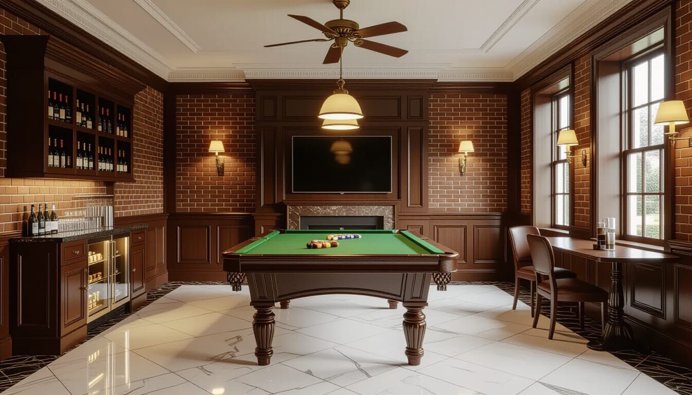 Victorian Billiards Room with Fireplace Glow