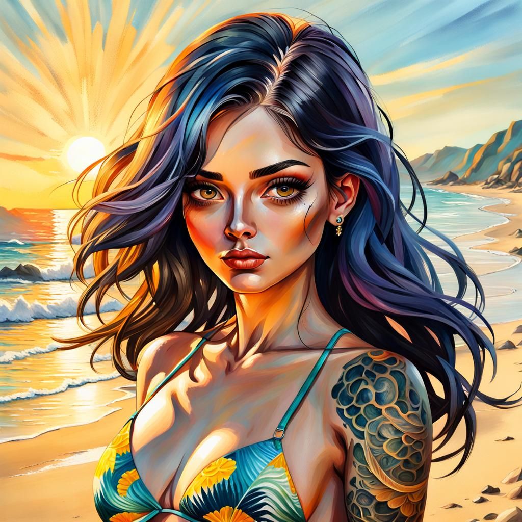 Woman in Bikini: Vibrant Oil Painting on Beach