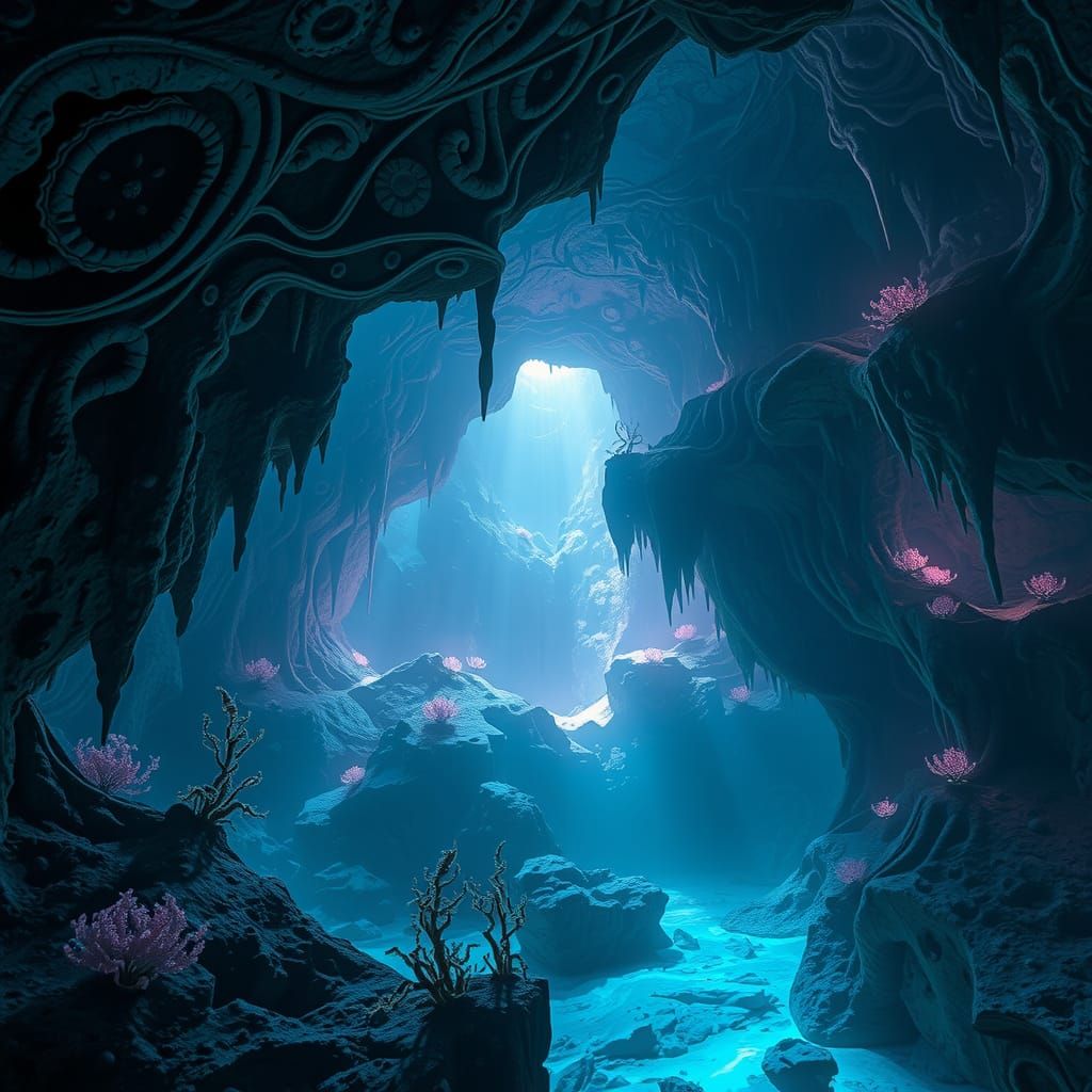 Ethereal Bioluminescent Cavern in Matte Painting Style