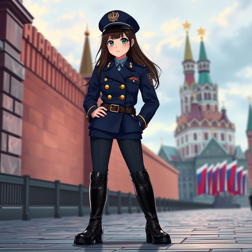 Anime-Inspired Russian Police Officer in Front of the Kremli...