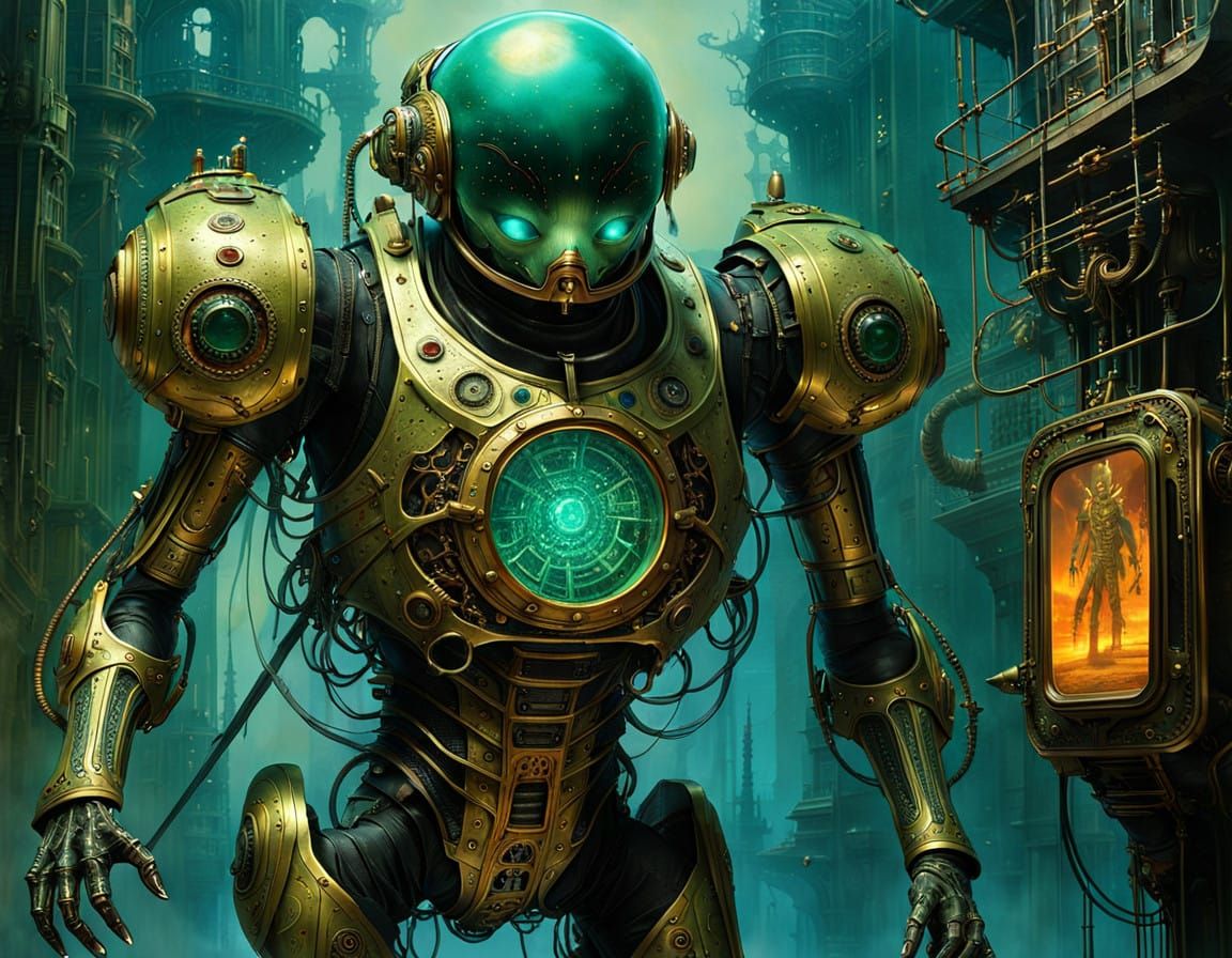 Steampunk Alien Warrior Battles Bioluminescent Beasts in Eer...
