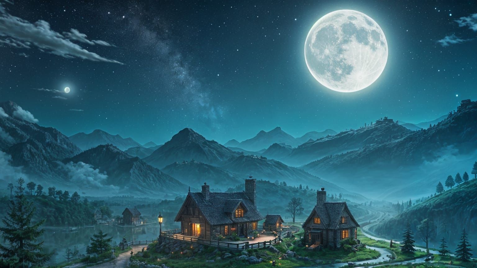 Enchanted Valley Village under Starry Moonlit Sky