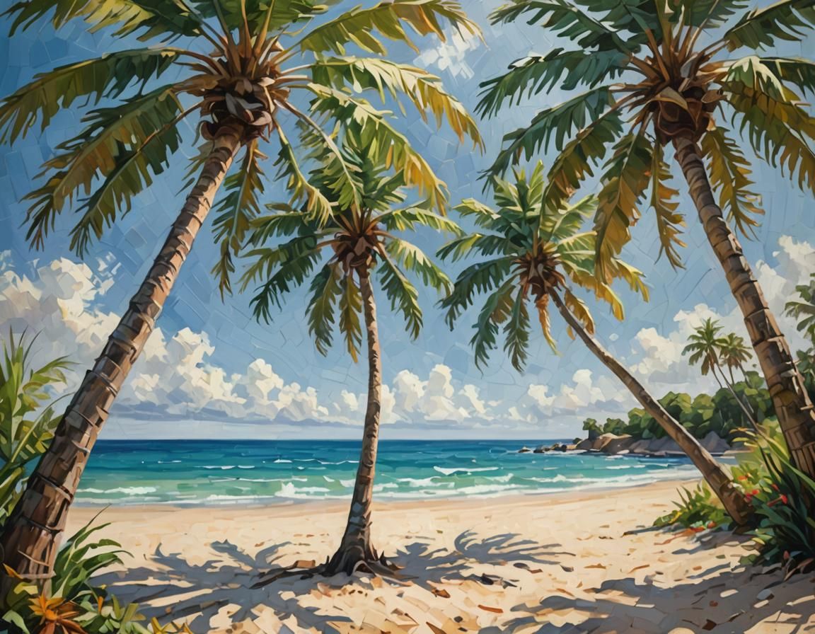 Tropical Impressionism: Palm Trees on a Serene Beach