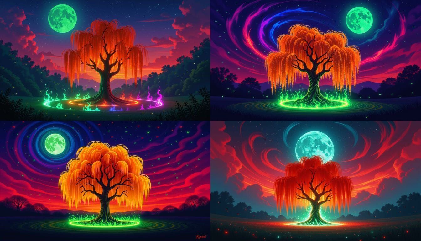 Neon Willow Tree with Fiery Rings Under Green Moon
