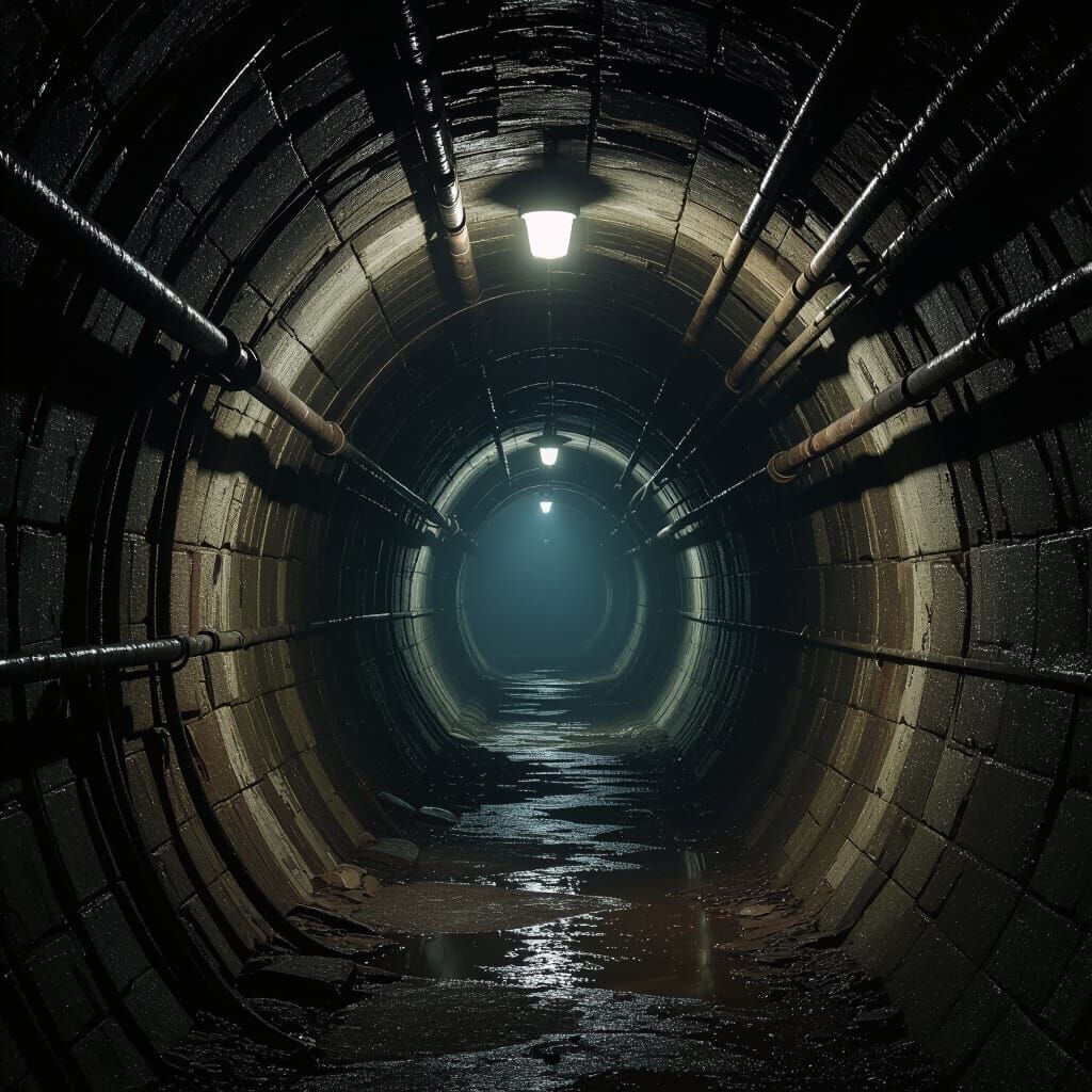 Dimly Lit Grimy Tunnel with Corroded Pipes
