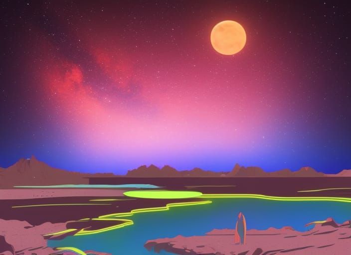 Neon Synthwave Desert Lake Under Starry Sky