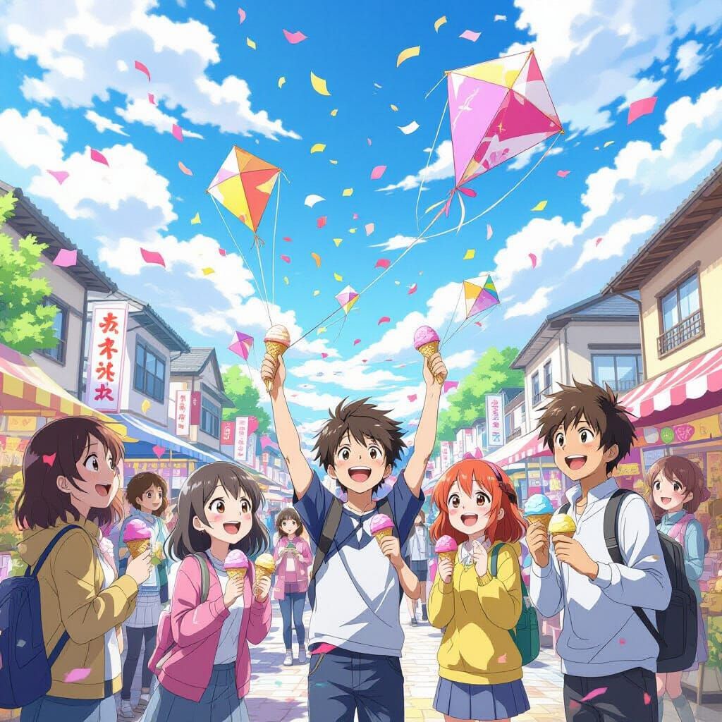 Anime Characters Celebrate Festival with Kites and Ice Cream