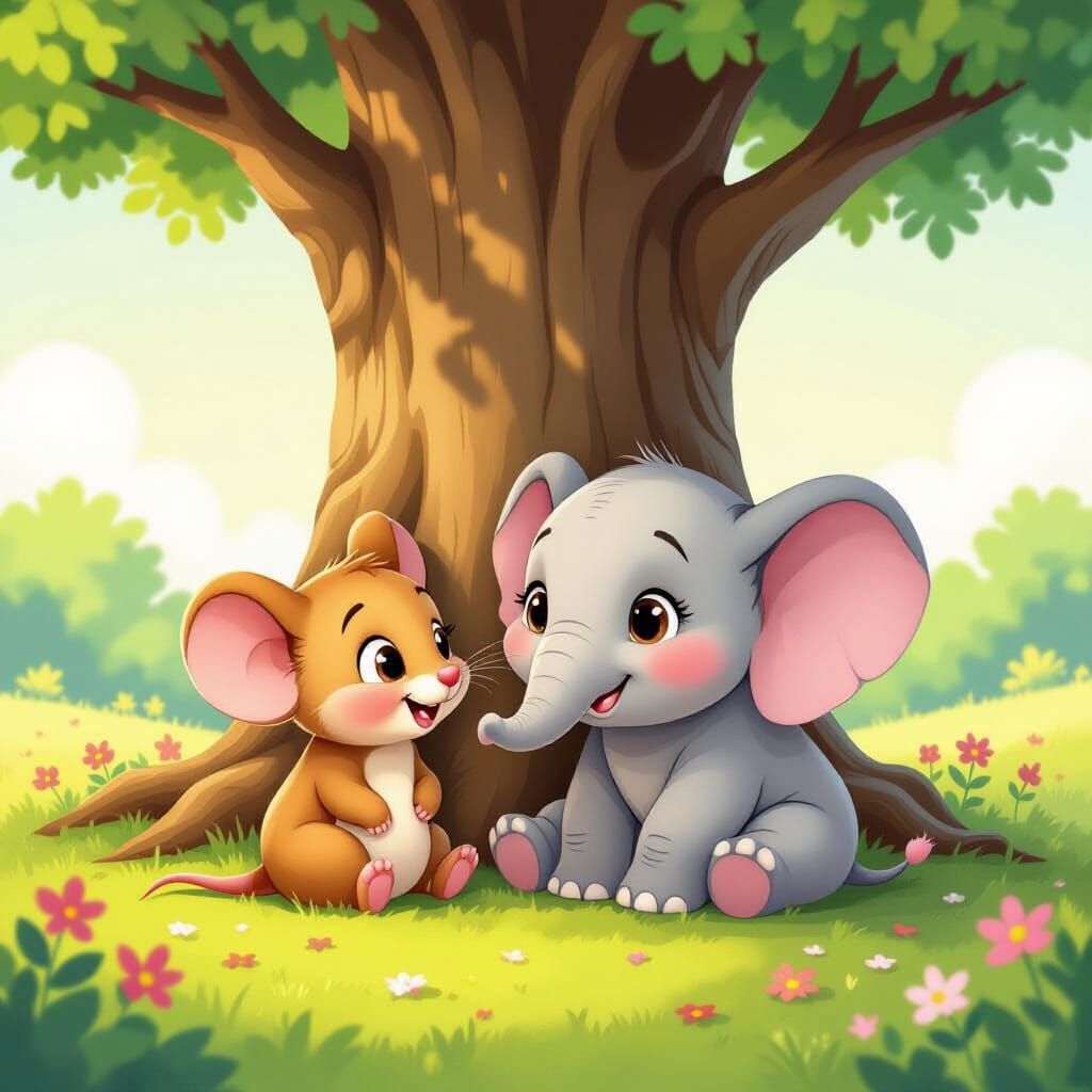 Cute Mouse and Baby Elephant Under Tree, Whimsical Illustrat...